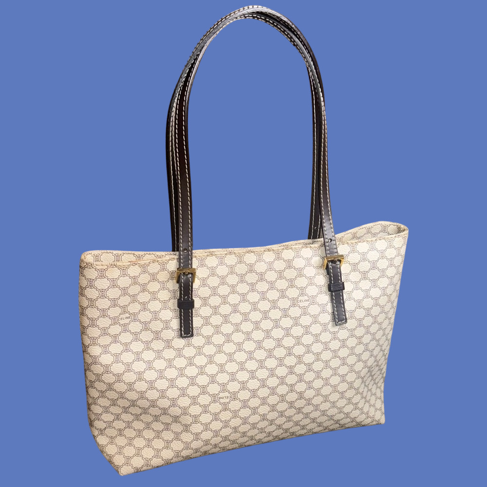 Celine Cream Monogram Tote with Dark Brown Straps